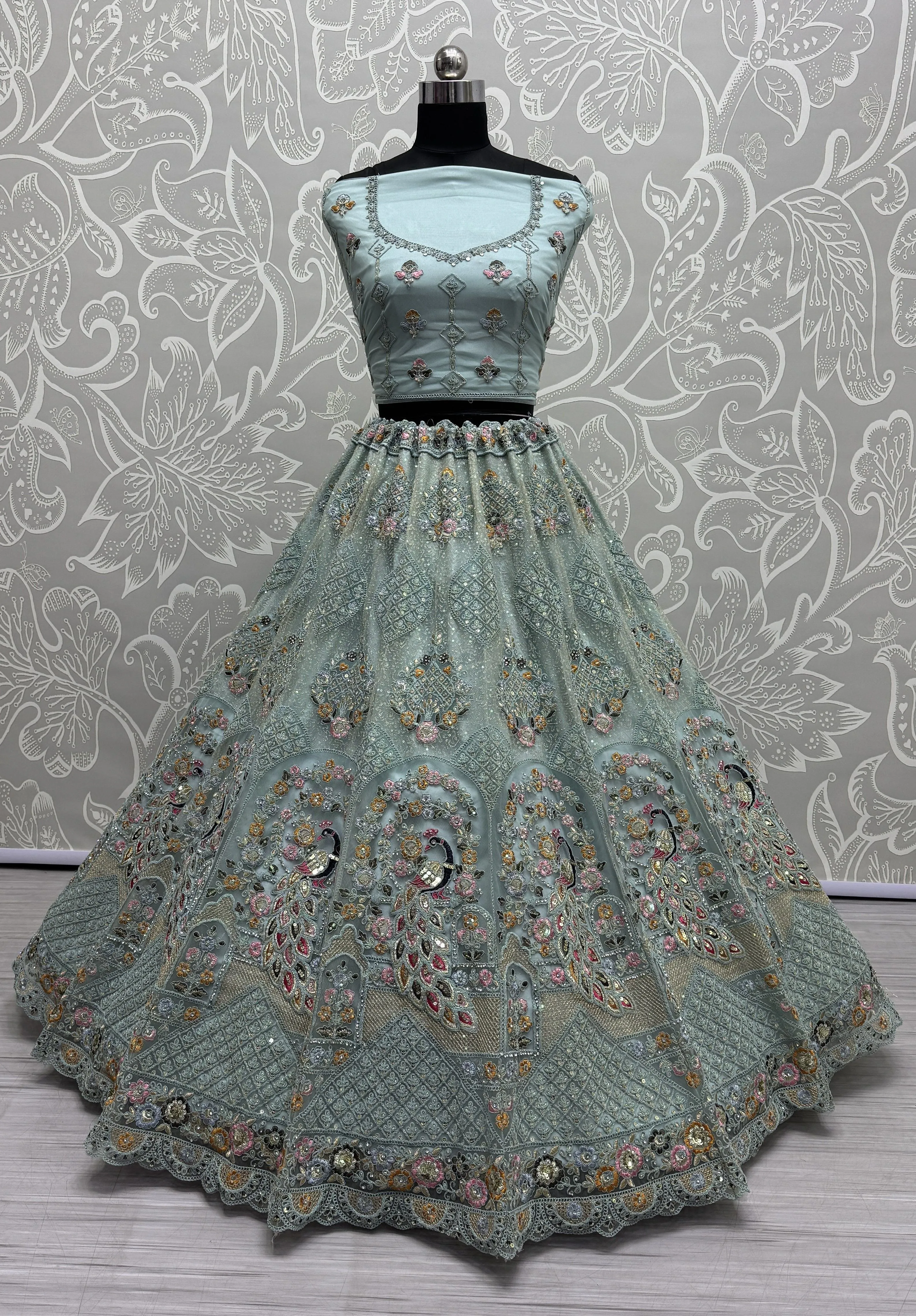 Aqua Colour Wedding Designer Heavy Net Multi Thread work Dori Embroidery with Fancy Dupatta Bridal Lehenga Choli