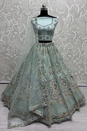 Aqua Colour Wedding Designer Heavy Net Multi Thread work Dori Embroidery with Fancy Dupatta Bridal Lehenga Choli