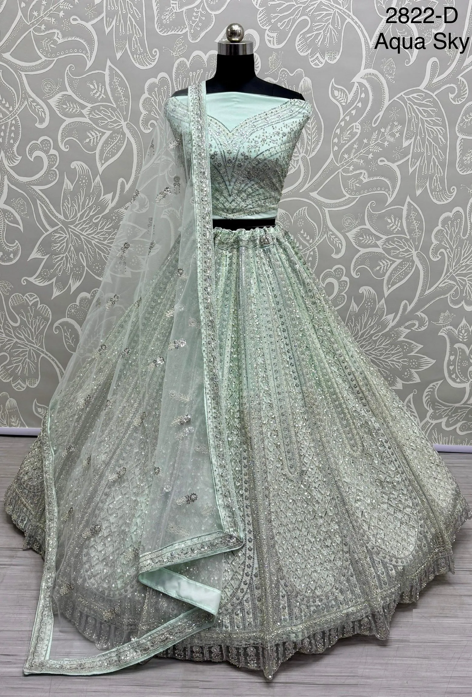 Aqua Sky Colour Wedding Designer Heavy Net Multi Thread work Dori Embroidery with Fancy Dupatta Bridal Lehenga Choli