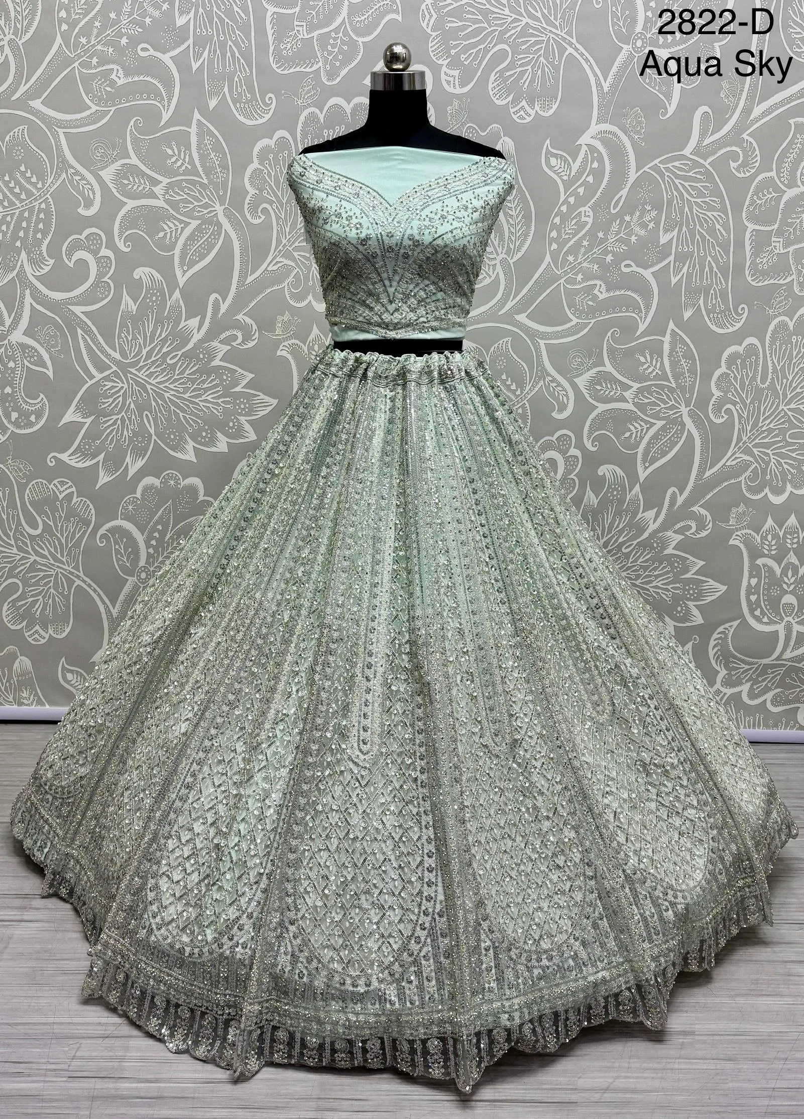 Aqua Sky Colour Wedding Designer Heavy Net Multi Thread work Dori Embroidery with Fancy Dupatta Bridal Lehenga Choli