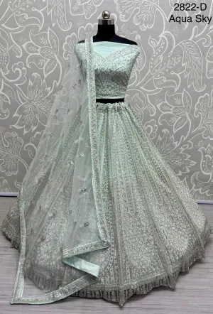 Aqua Sky Colour Wedding Designer Heavy Net Multi Thread work Dori Embroidery with Fancy Dupatta Bridal Lehenga Choli