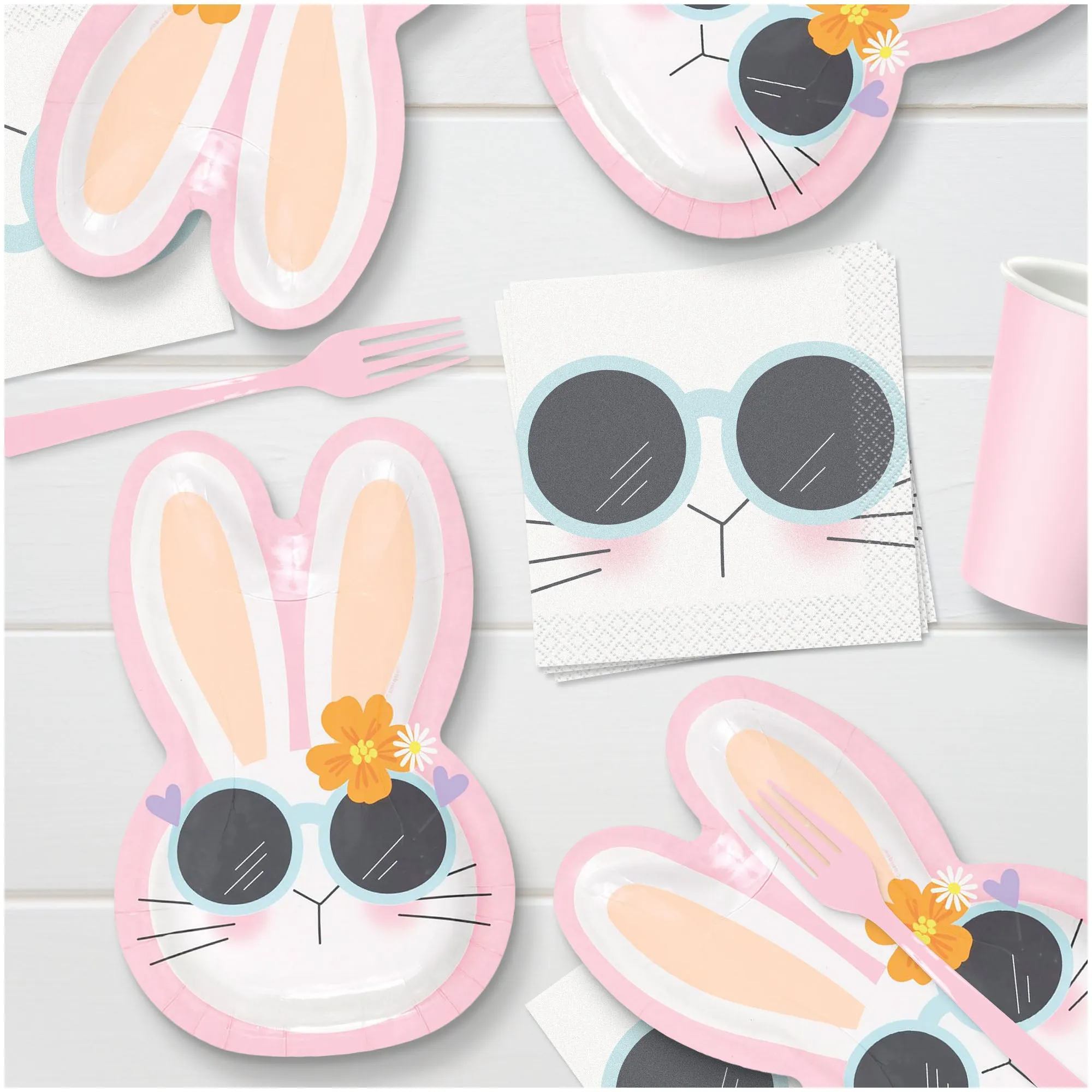 Cool Pink Easter Bunny Shaped Paper Dessert Plates and Beverage Napkins