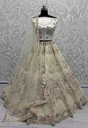 Cream Colour Wedding Designer Heavy Net Multi Thread work Dori Embroidery with Fancy Dupatta Bridal Lehenga Choli