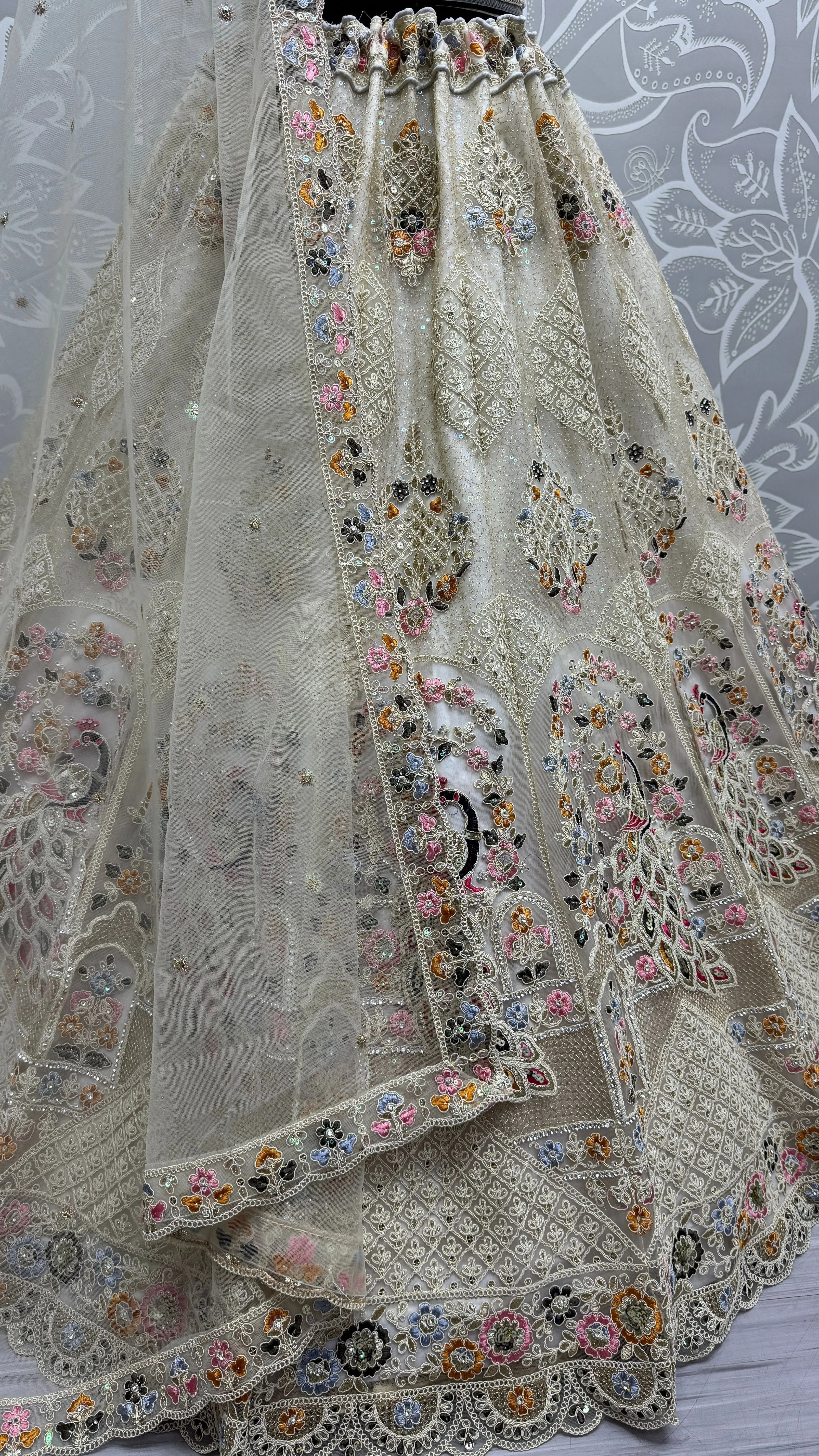 Cream Colour Wedding Designer Heavy Net Multi Thread work Dori Embroidery with Fancy Dupatta Bridal Lehenga Choli