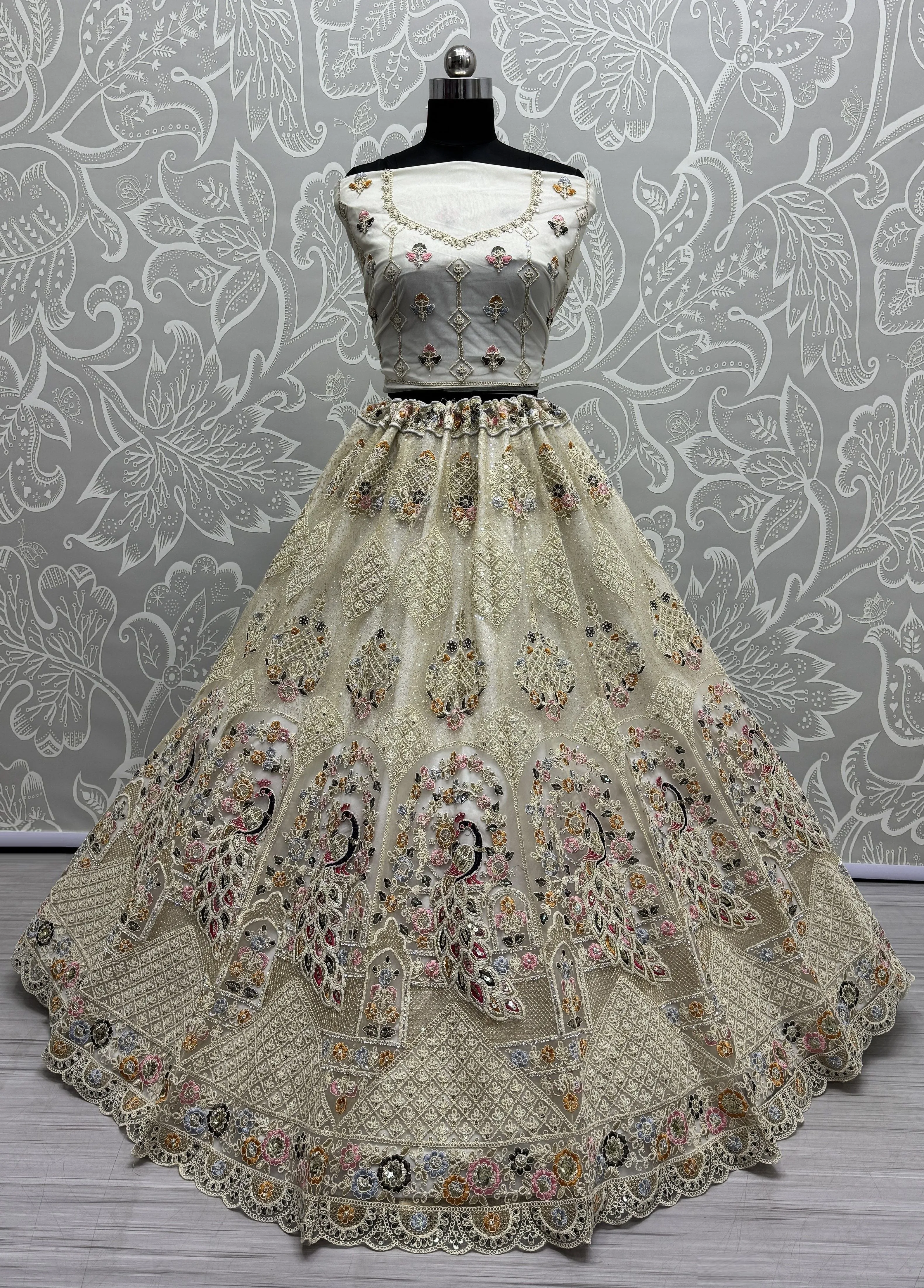Cream Colour Wedding Designer Heavy Net Multi Thread work Dori Embroidery with Fancy Dupatta Bridal Lehenga Choli