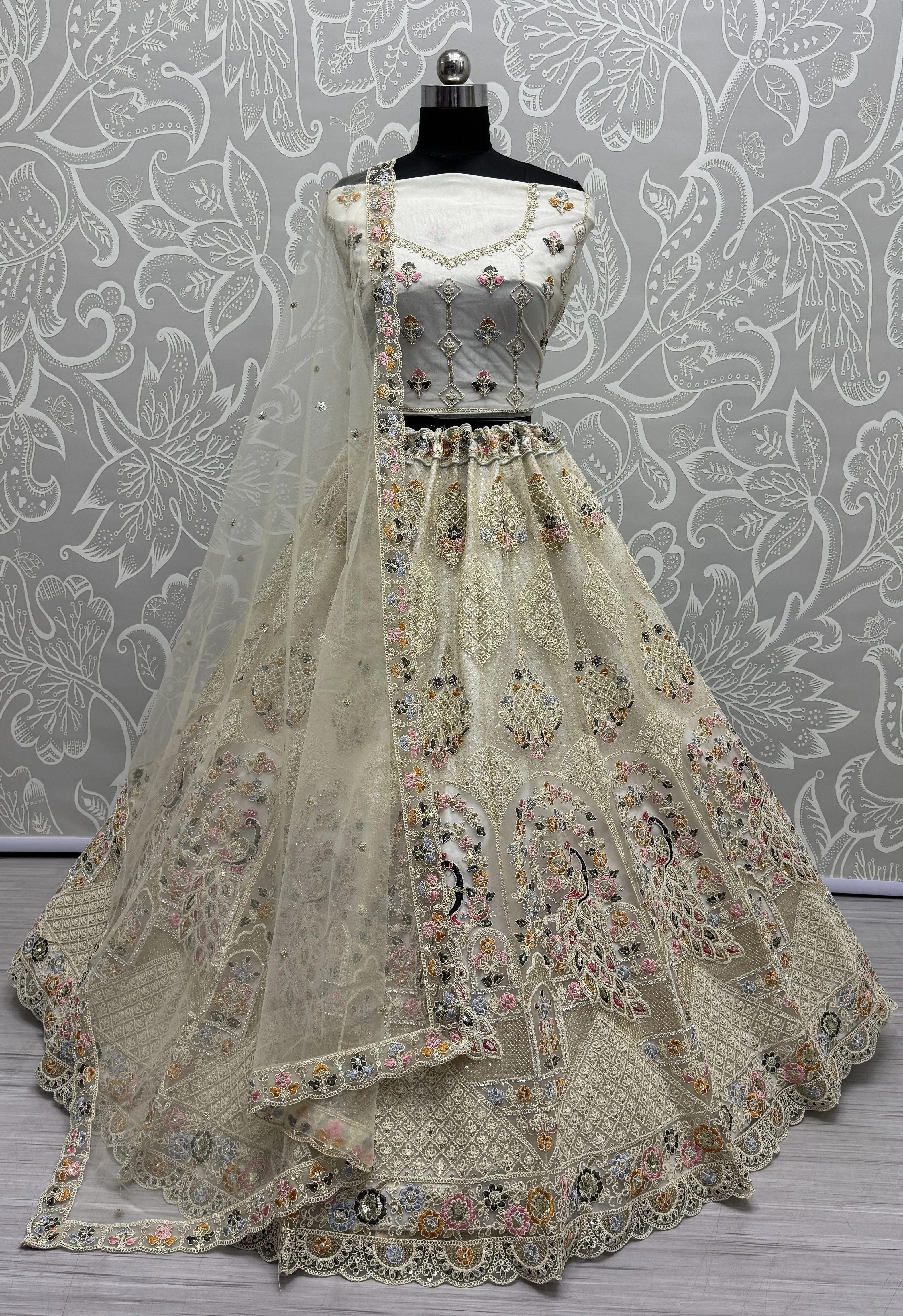 Cream Colour Wedding Designer Heavy Net Multi Thread work Dori Embroidery with Fancy Dupatta Bridal Lehenga Choli