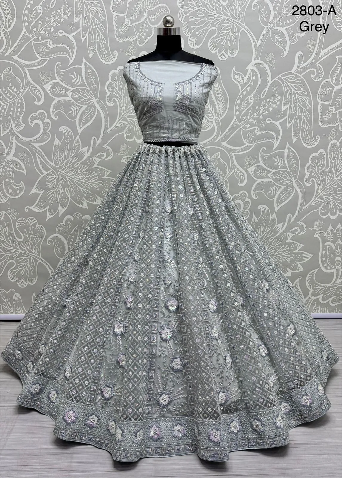 Grey Colour Bridal Silk Lehenga with Khatali Handwork on Pastel Color Pure base Fabric Crafted Designer Partywear Lehenga Choli
