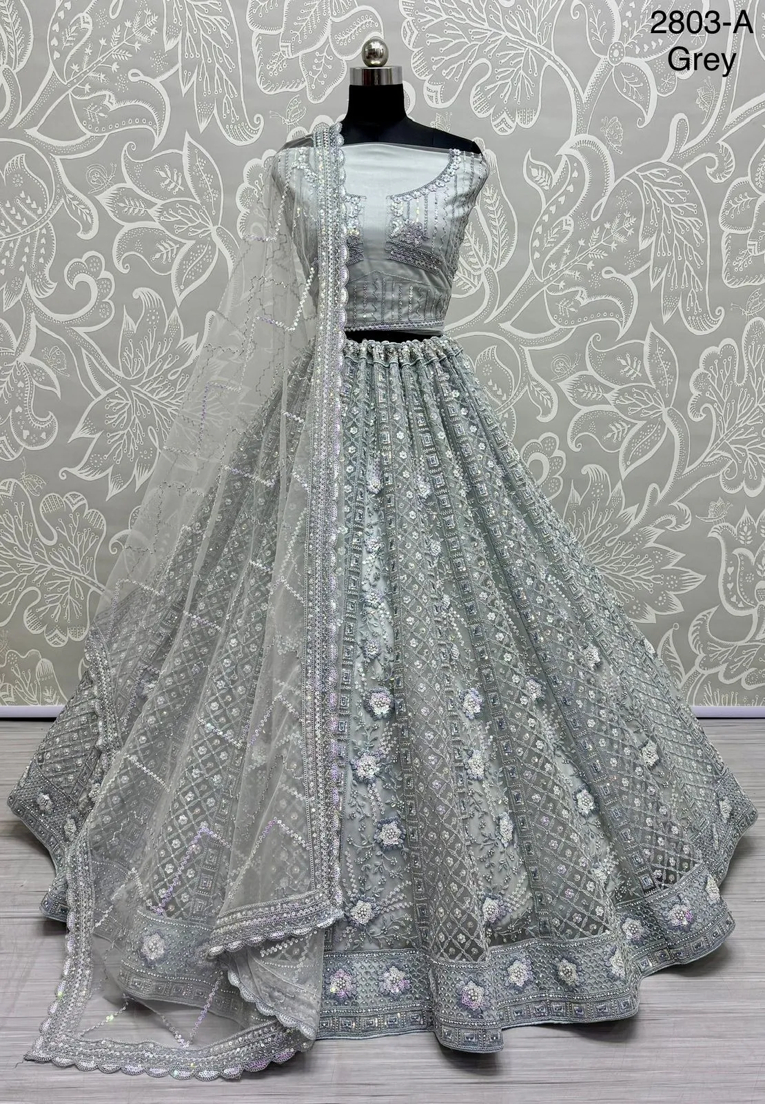 Grey Colour Bridal Silk Lehenga with Khatali Handwork on Pastel Color Pure base Fabric Crafted Designer Partywear Lehenga Choli