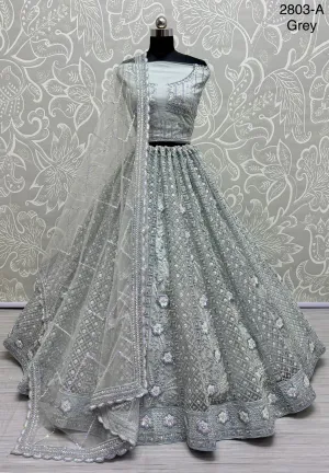 Grey Colour Bridal Silk Lehenga with Khatali Handwork on Pastel Color Pure base Fabric Crafted Designer Partywear Lehenga Choli