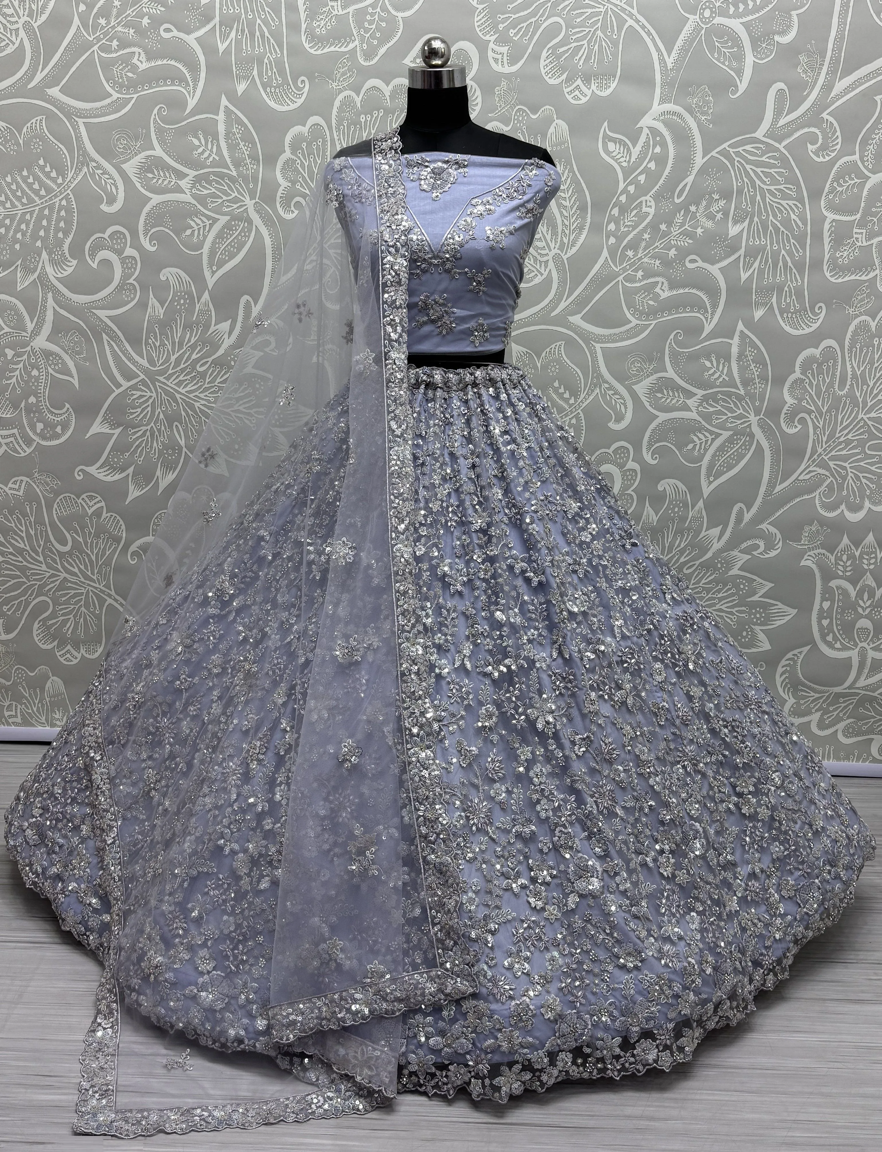 Ice Blue Heavy Soft Net Heavy Multi thread & Sequence work Wedding Bridal Lehenga Choli