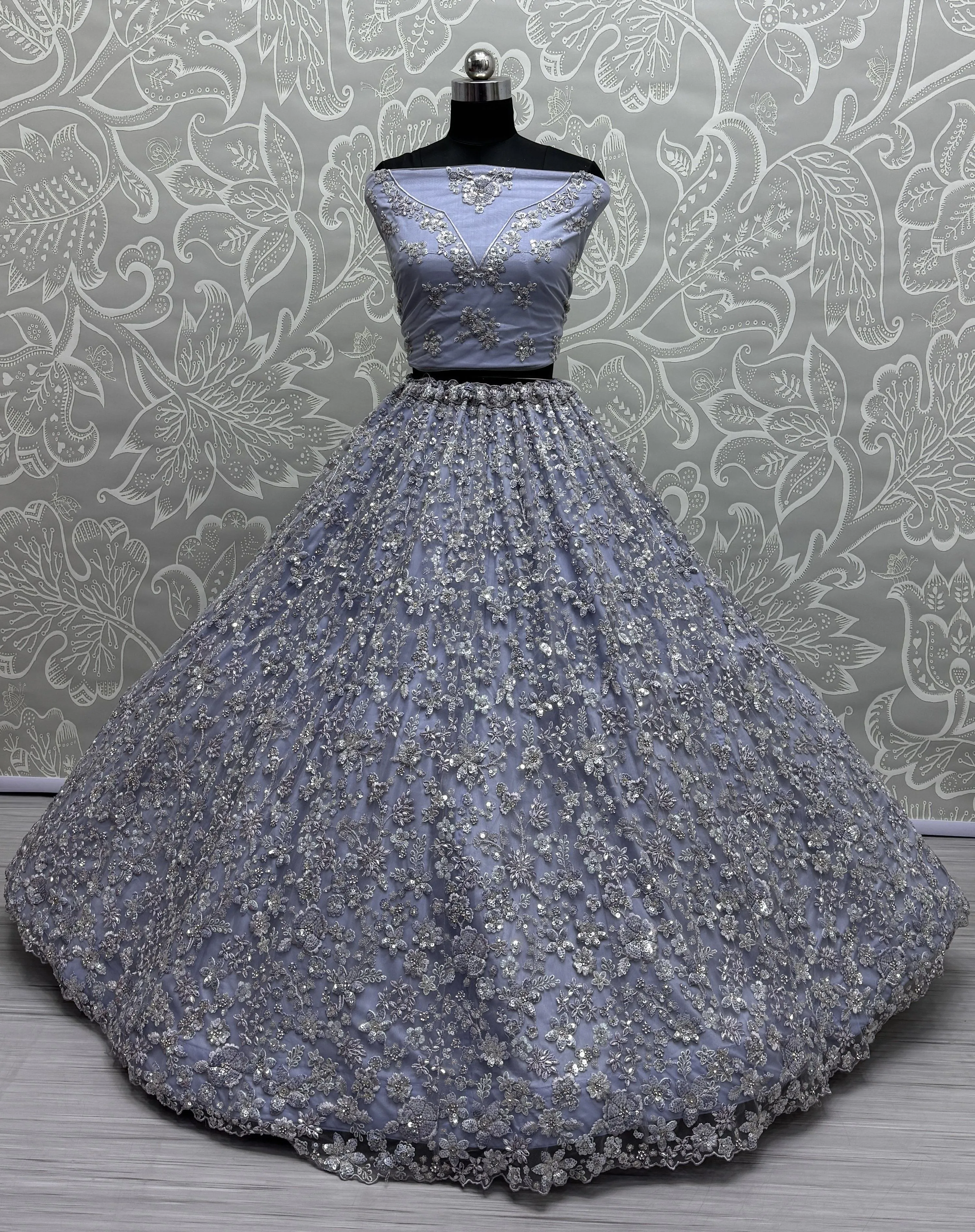Ice Blue Heavy Soft Net Heavy Multi thread & Sequence work Wedding Bridal Lehenga Choli