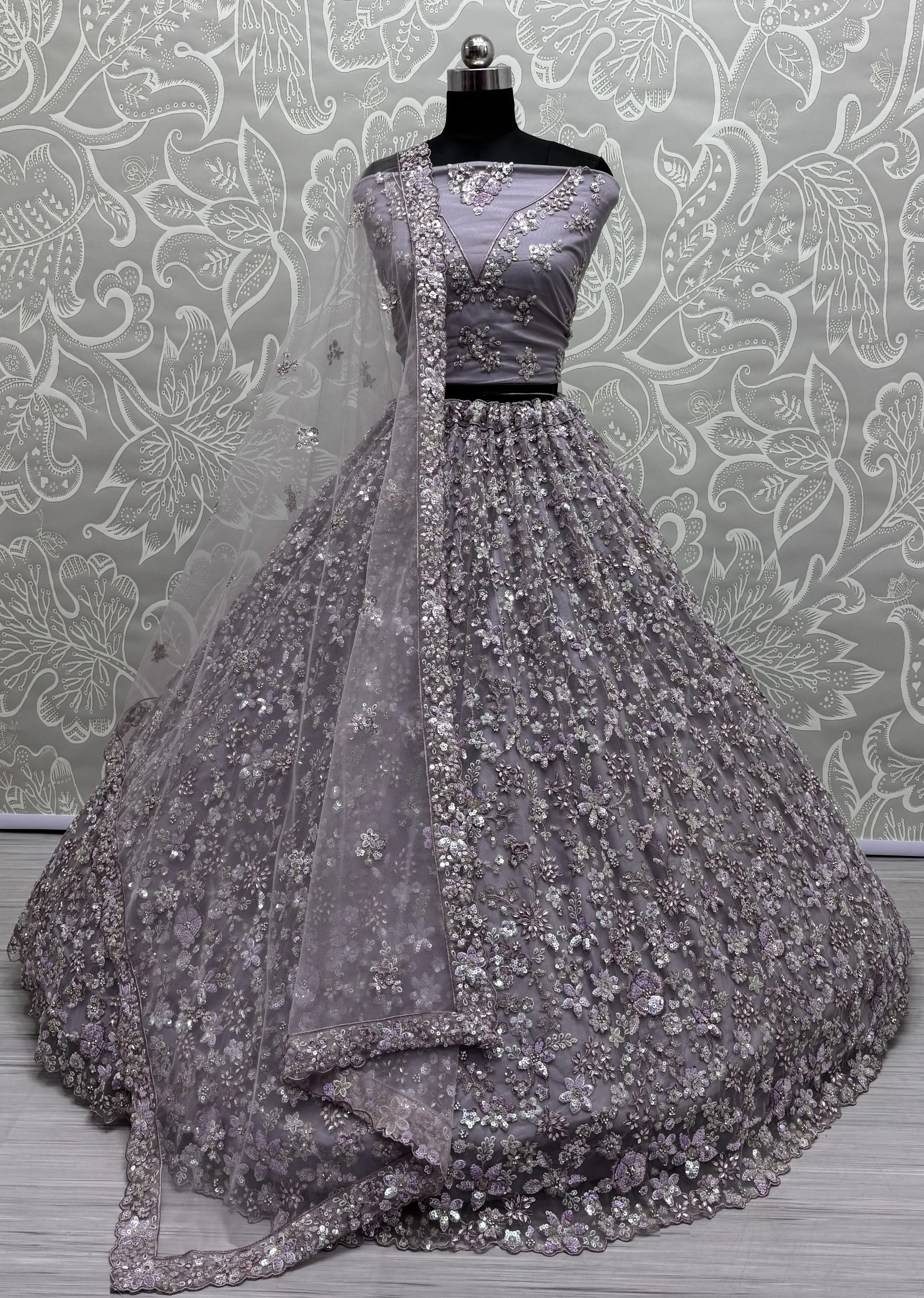 Lavender Heavy Soft Net Heavy Multi thread & Sequence work Wedding Bridal Lehenga Choli