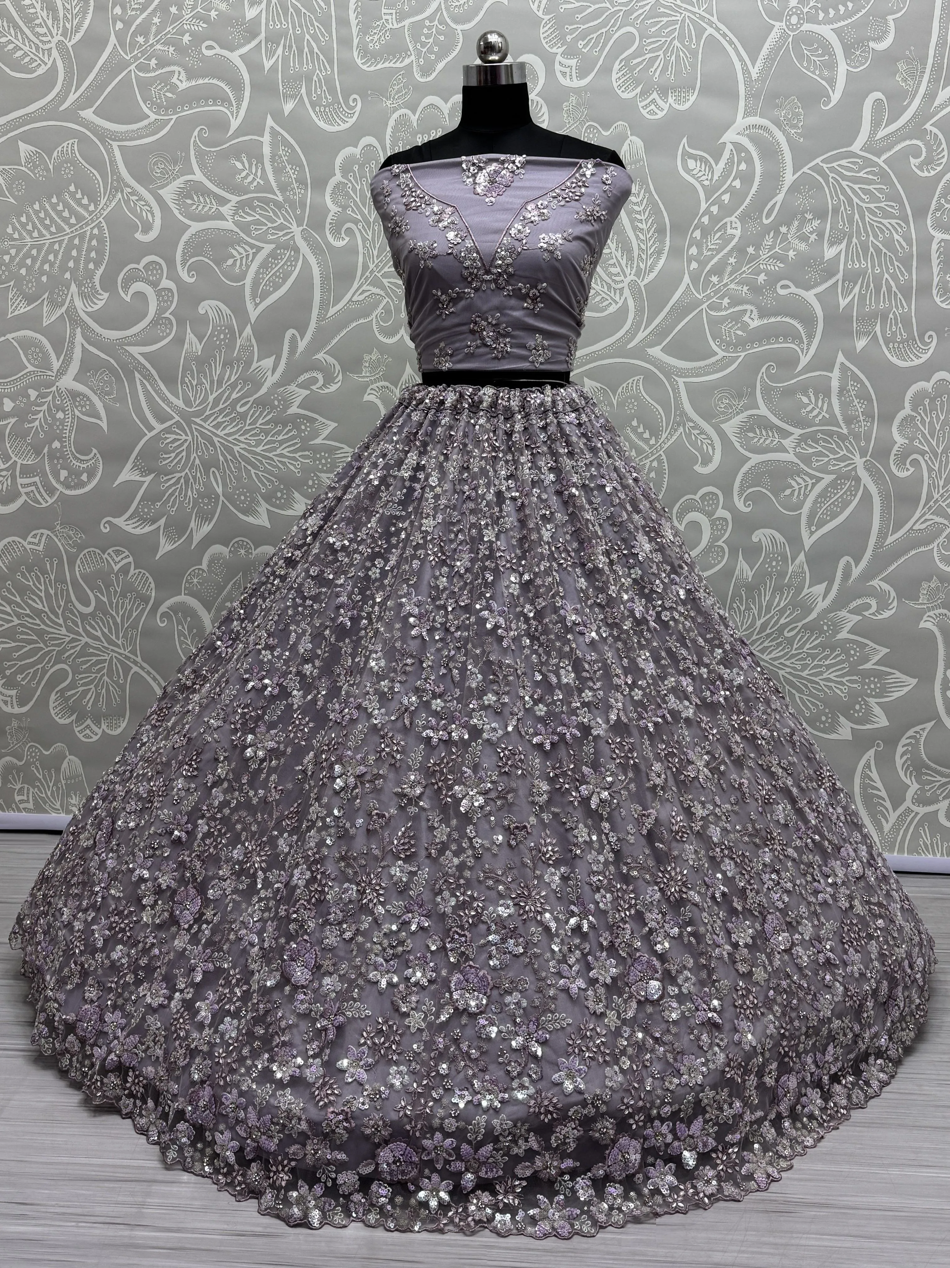 Lavender Heavy Soft Net Heavy Multi thread & Sequence work Wedding Bridal Lehenga Choli