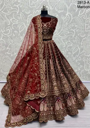 Maroon Colour Bridal Silk Lehenga with Khatali Handwork on Pastel Color Pure base Fabric Crafted Designer Partywear Lehenga Choli
