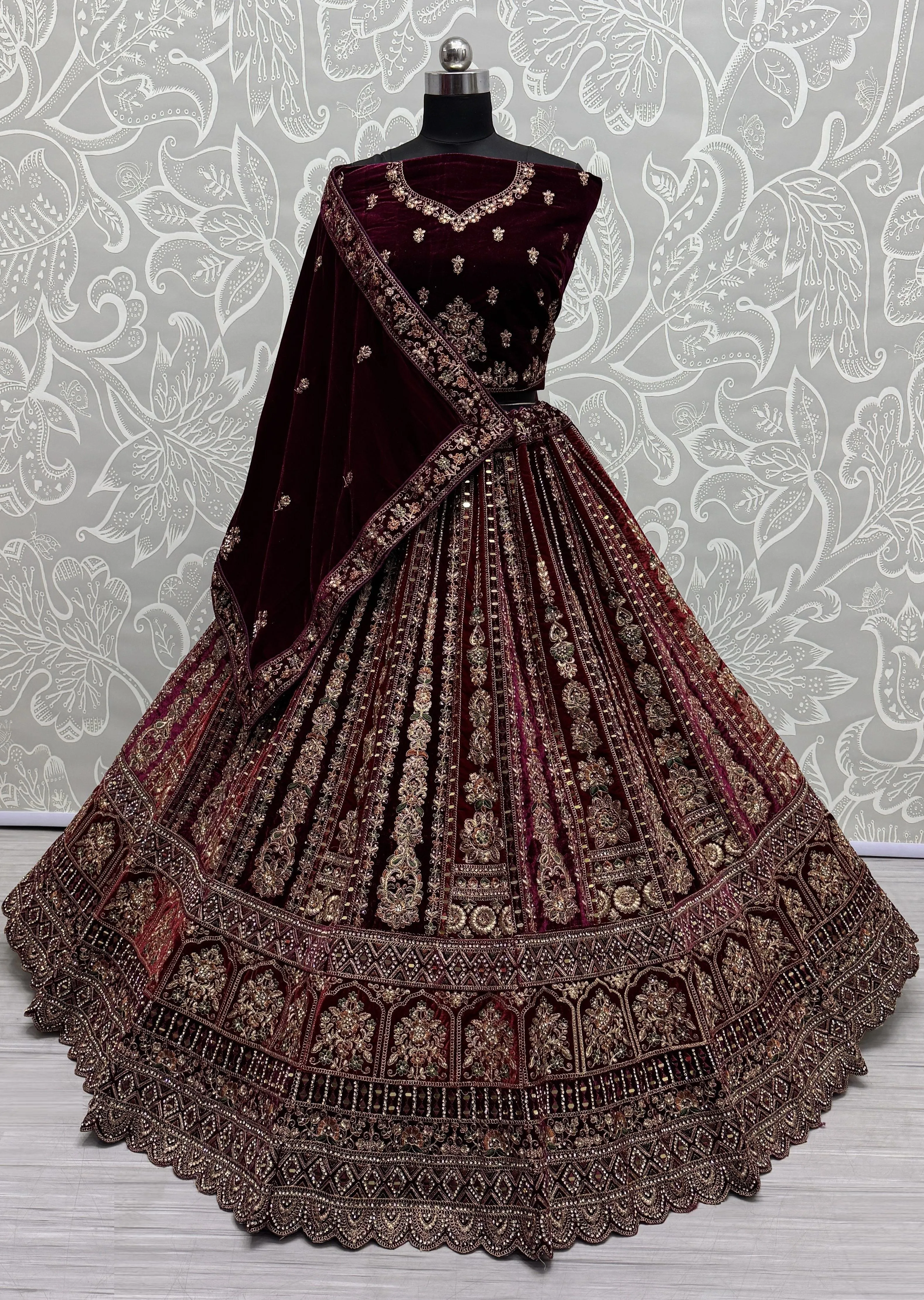 Maroon Colour Bridal Silk Lehenga with Real Handwork crafted Mirror work Multi Thread and Zari work Partywear Lehenga Choli