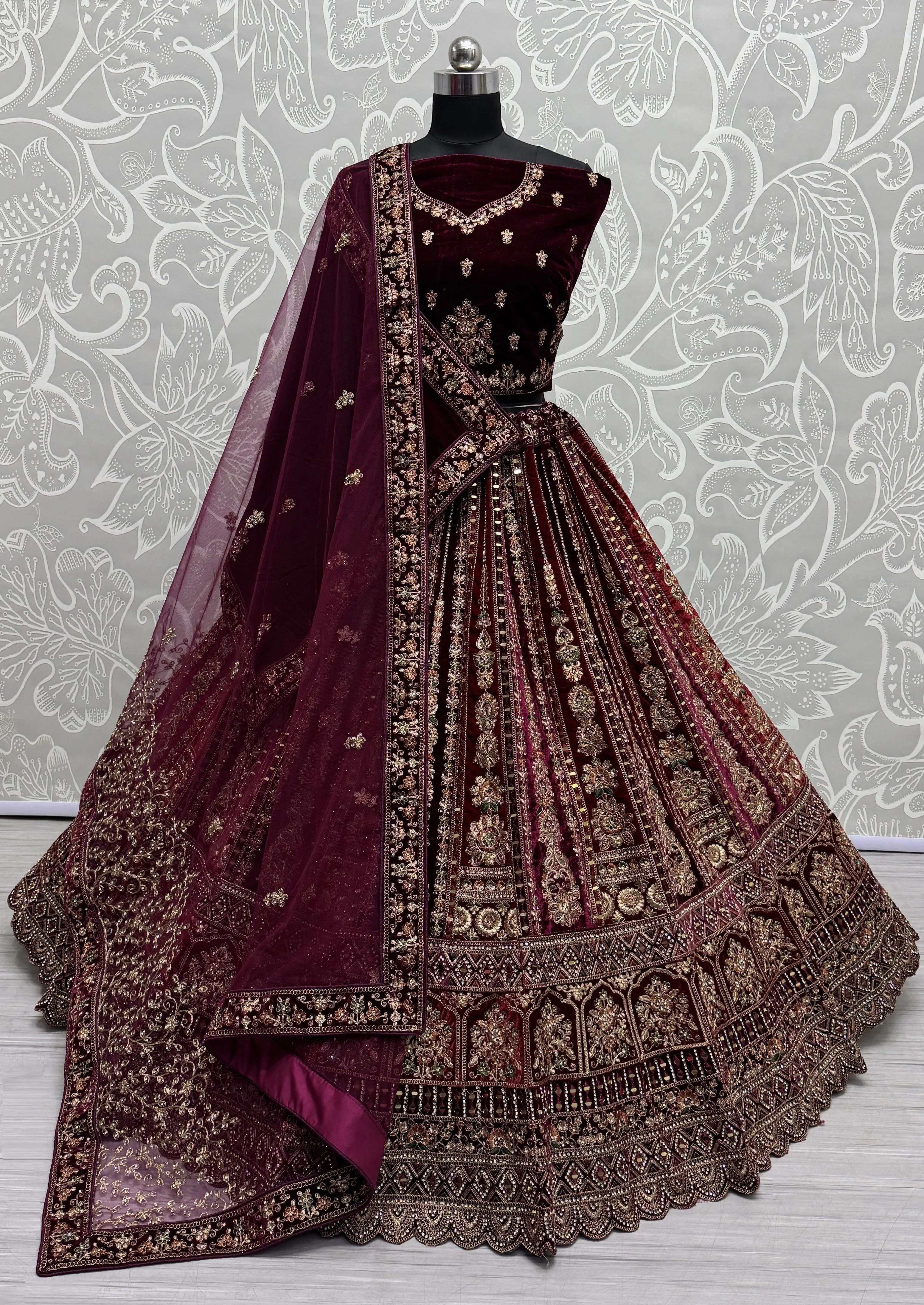Maroon Colour Bridal Silk Lehenga with Real Handwork crafted Mirror work Multi Thread and Zari work Partywear Lehenga Choli