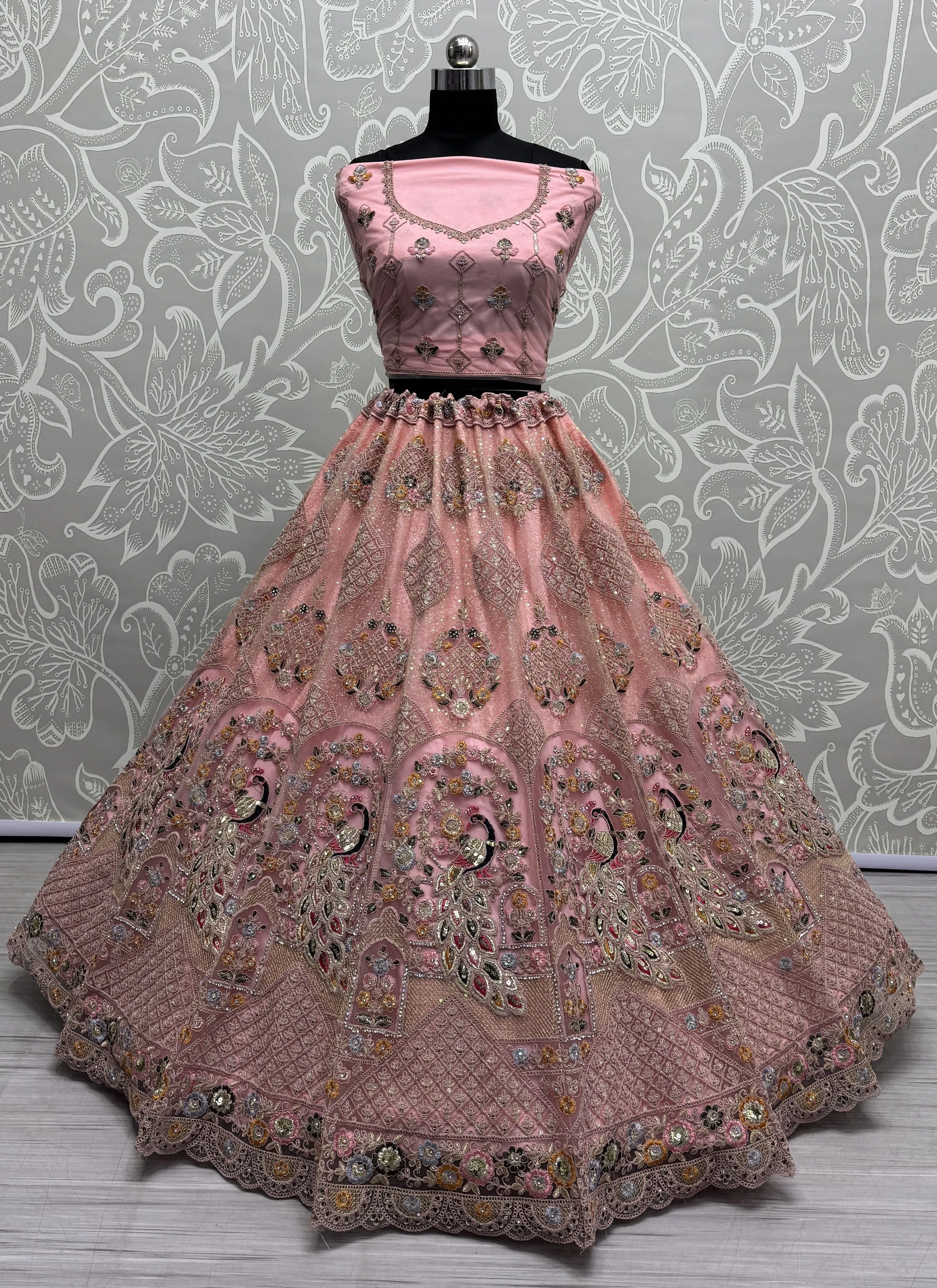 Peach Colour Wedding Designer Heavy Net Multi Thread work Dori Embroidery with Fancy Dupatta Bridal Lehenga Choli