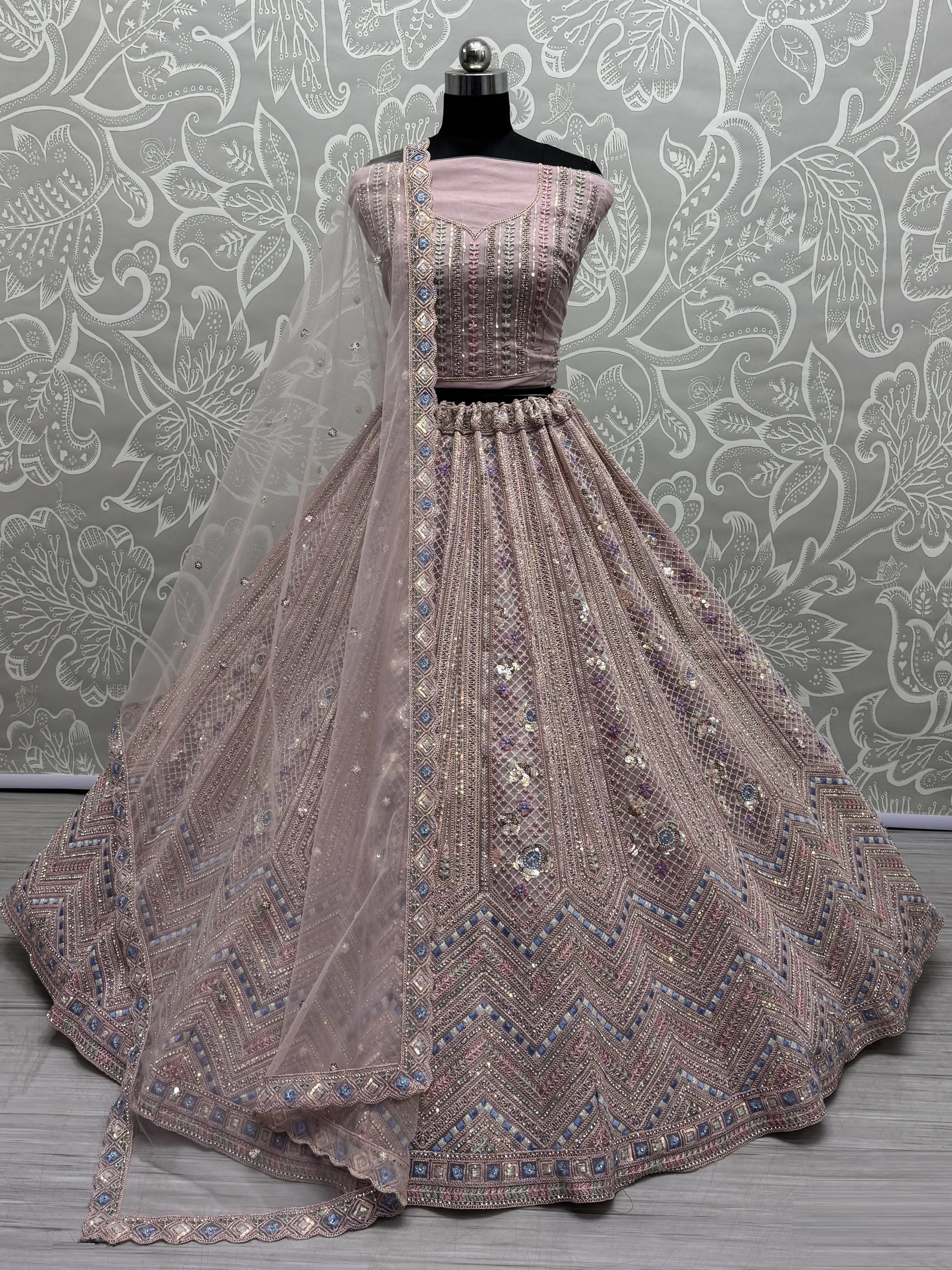 Peach Pink Heavy Soft Net Heavy Multi thread & Sequence work Wedding Bridal Lehenga Choli