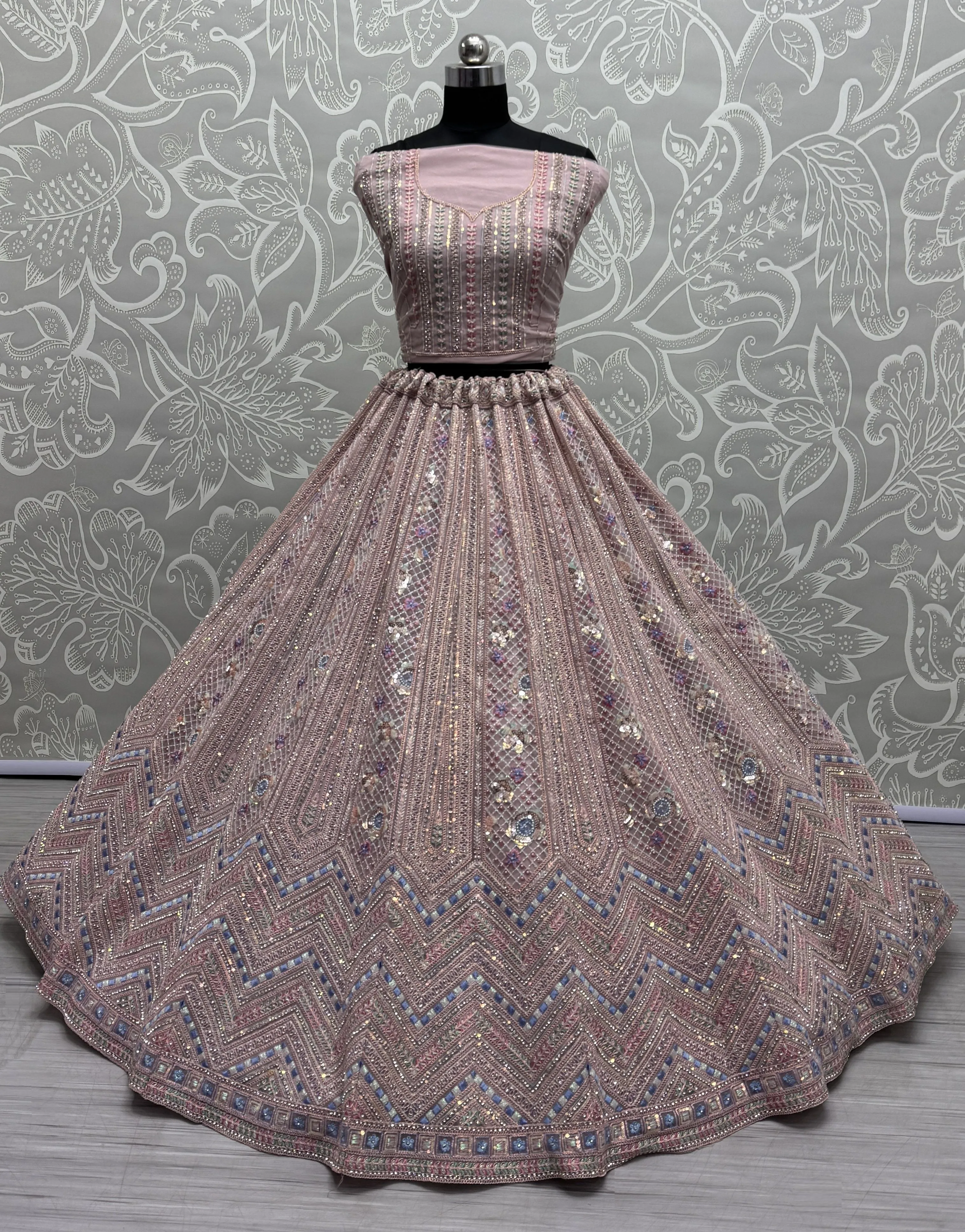Peach Pink Heavy Soft Net Heavy Multi thread & Sequence work Wedding Bridal Lehenga Choli