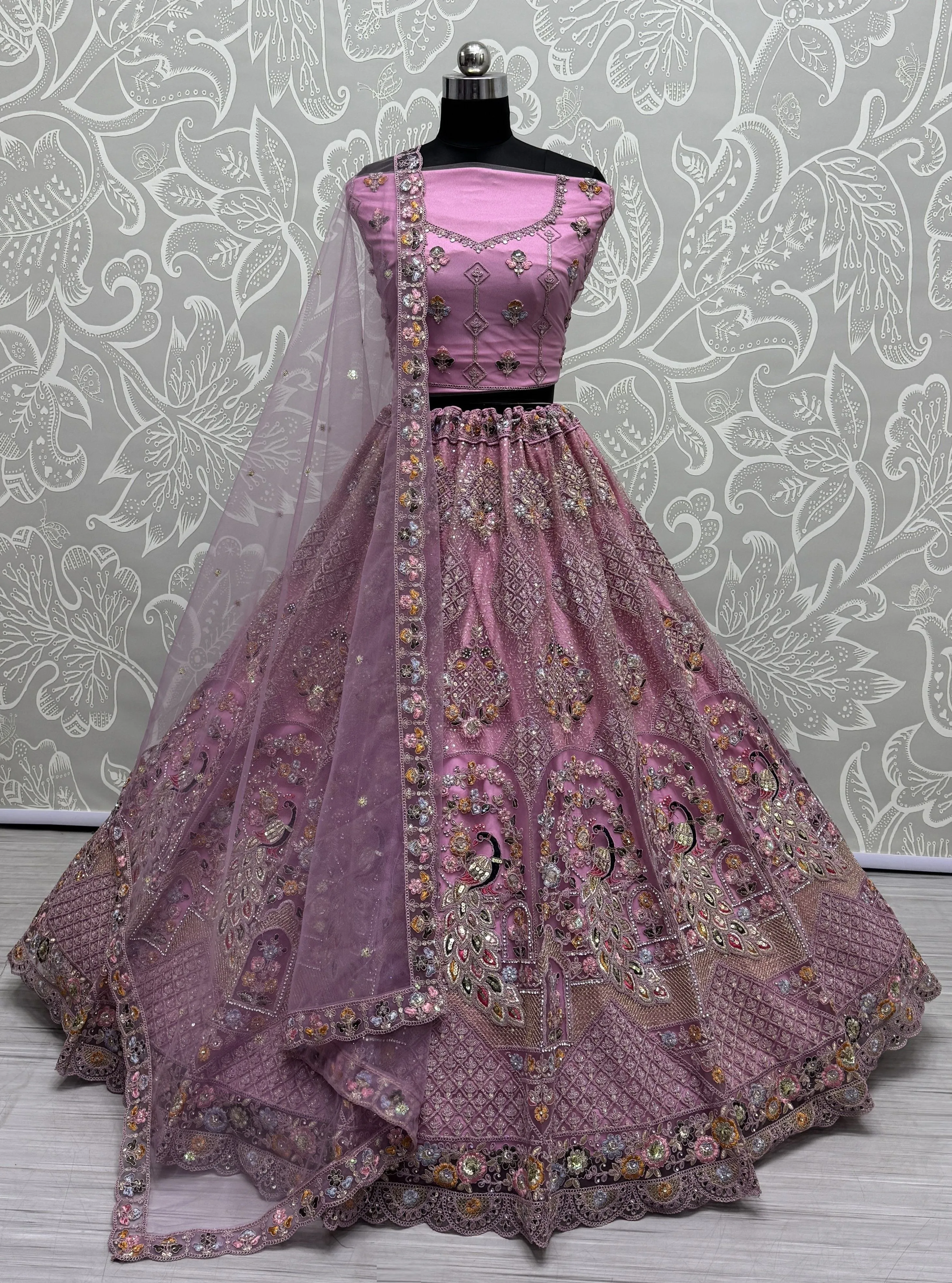 Pink Colour Wedding Designer Heavy Net Multi Thread work Dori Embroidery with Fancy Dupatta Bridal Lehenga Choli