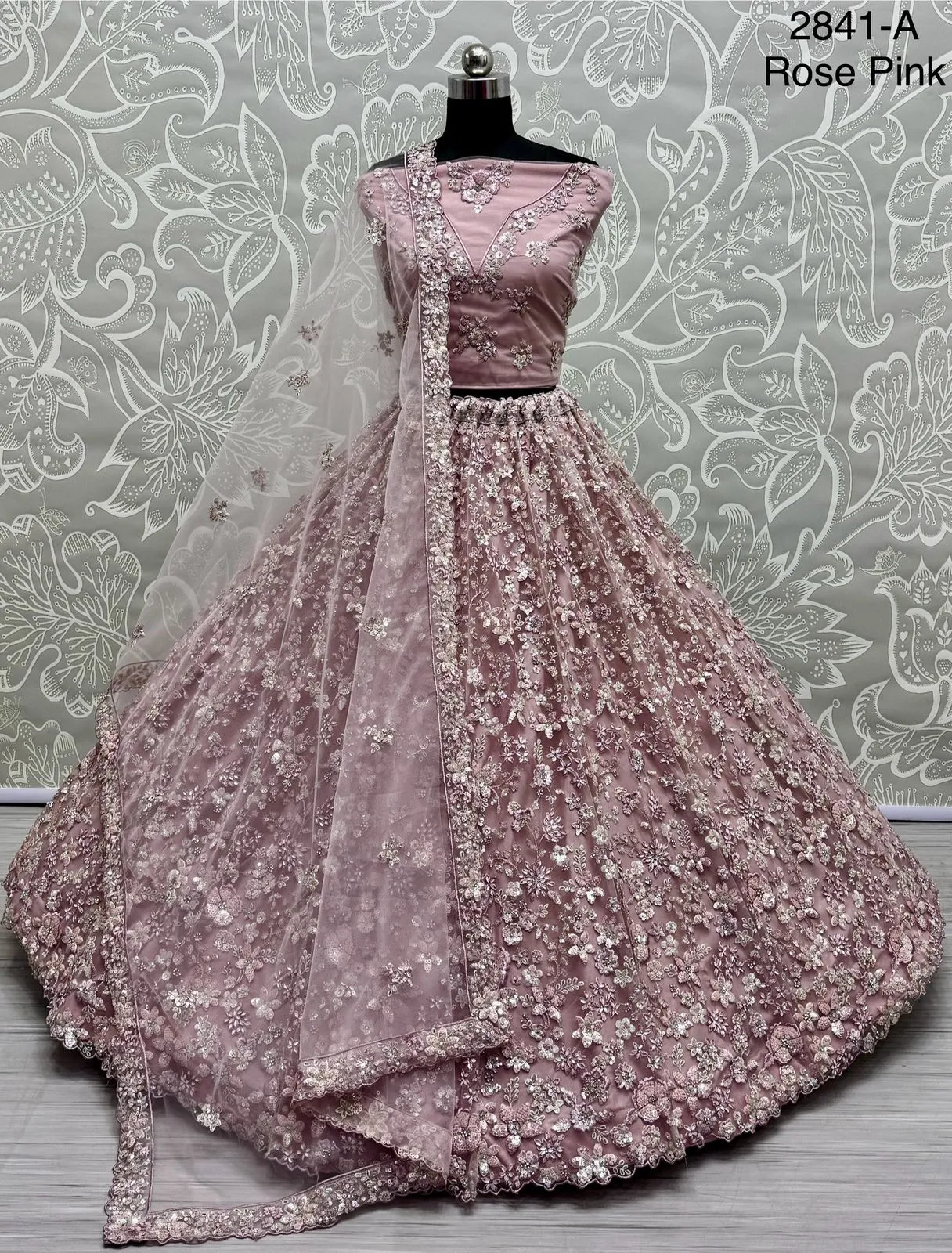 Rose Pink Heavy Soft Net Heavy Multi thread & Sequence work Wedding Bridal Lehenga Choli