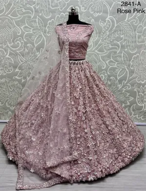 Rose Pink Heavy Soft Net Heavy Multi thread & Sequence work Wedding Bridal Lehenga Choli